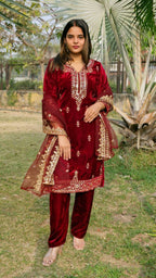 Teeya Creation Red Color Velvet Fabric Heavy Embroidery Work Fully Stitched Salwar Suit | Grocsy