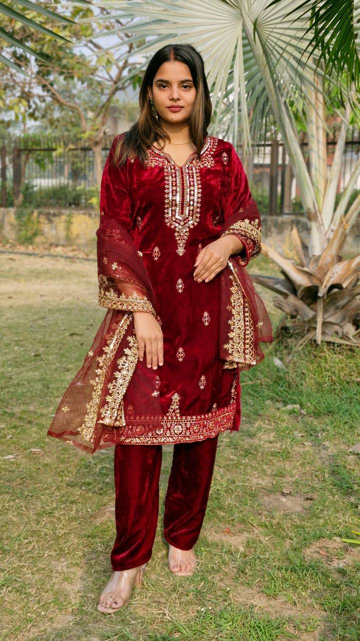 Teeya Creation Red Color Velvet Fabric Heavy Embroidery Work Fully Stitched Salwar Suit | Grocsy