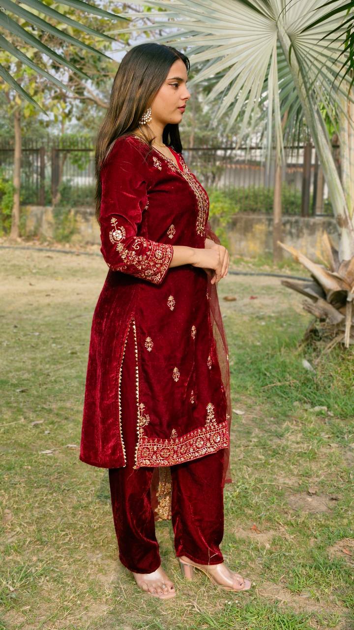 Teeya Creation Red Color Velvet Fabric Heavy Embroidery Work Fully Stitched Salwar Suit | Grocsy