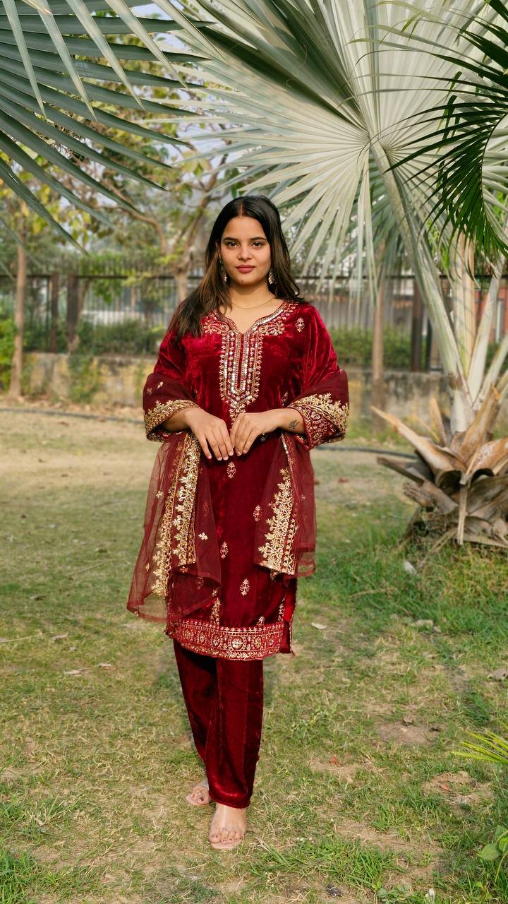 Teeya Creation Red Color Velvet Fabric Heavy Embroidery Work Fully Stitched Salwar Suit | Grocsy