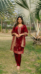Teeya Creation Red Color Velvet Fabric Heavy Embroidery Work Fully Stitched Salwar Suit | Grocsy