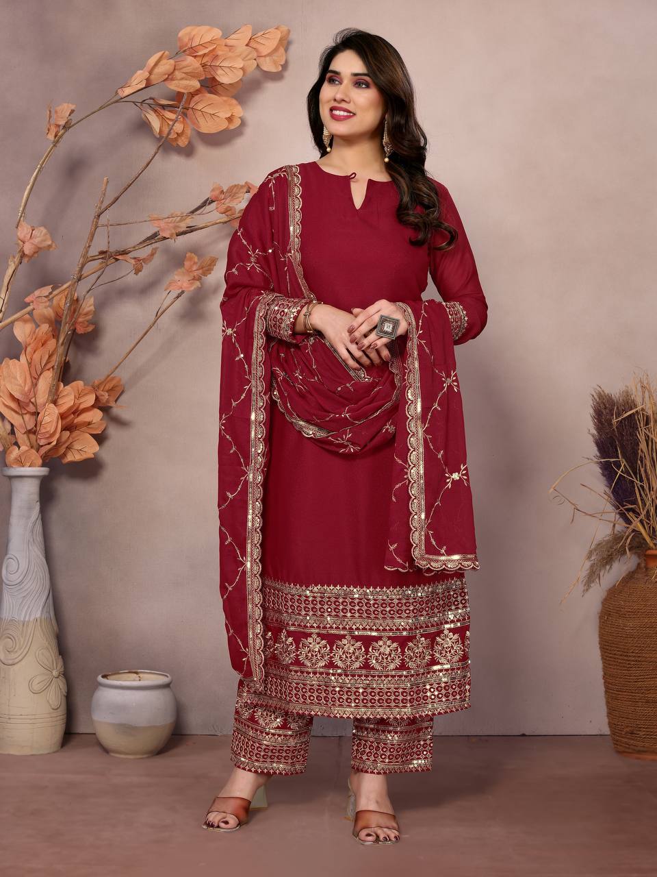 Teeya Creation Maroon Color Faux Georgette Embroidery Work Fully Stitched Salwar Suit | Grocsy