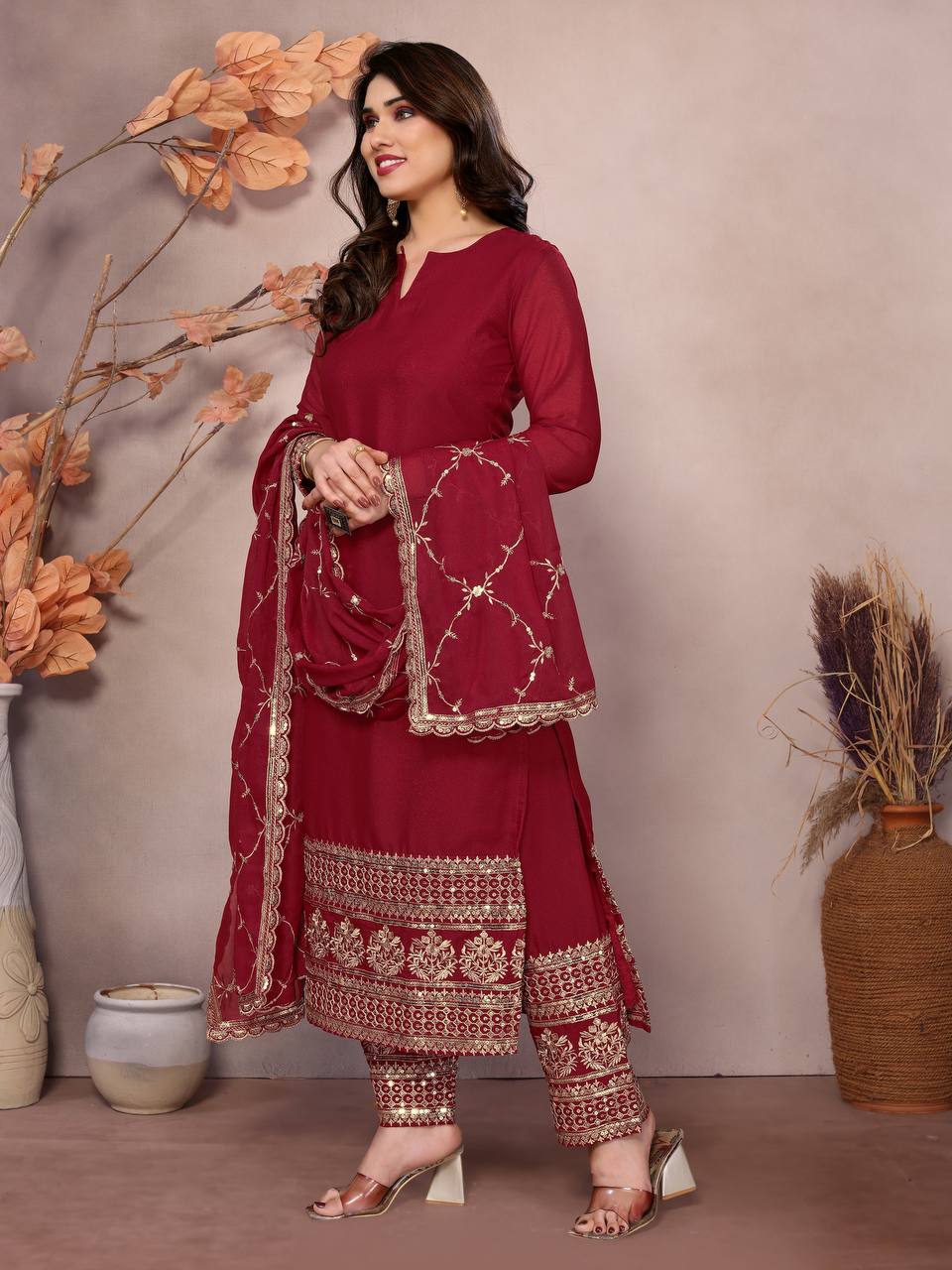 Teeya Creation Maroon Color Faux Georgette Embroidery Work Fully Stitched Salwar Suit | Grocsy
