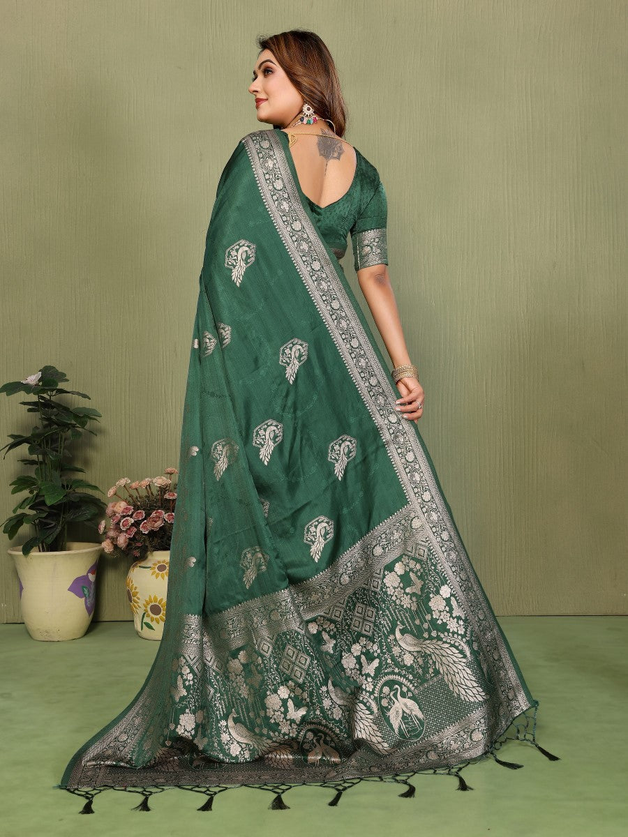 Anaita D Green Zari Butta Work Satin Silk Saree With Blouse | Grocsy