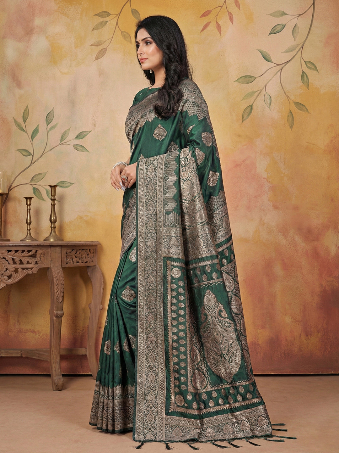 Anaita D Green Silk Blend Woven Saree With Blouse | Grocsy