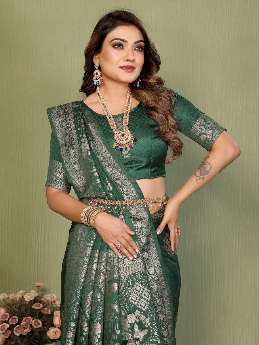 Anaita D Green Zari Butta Work Satin Silk Saree With Blouse | Grocsy