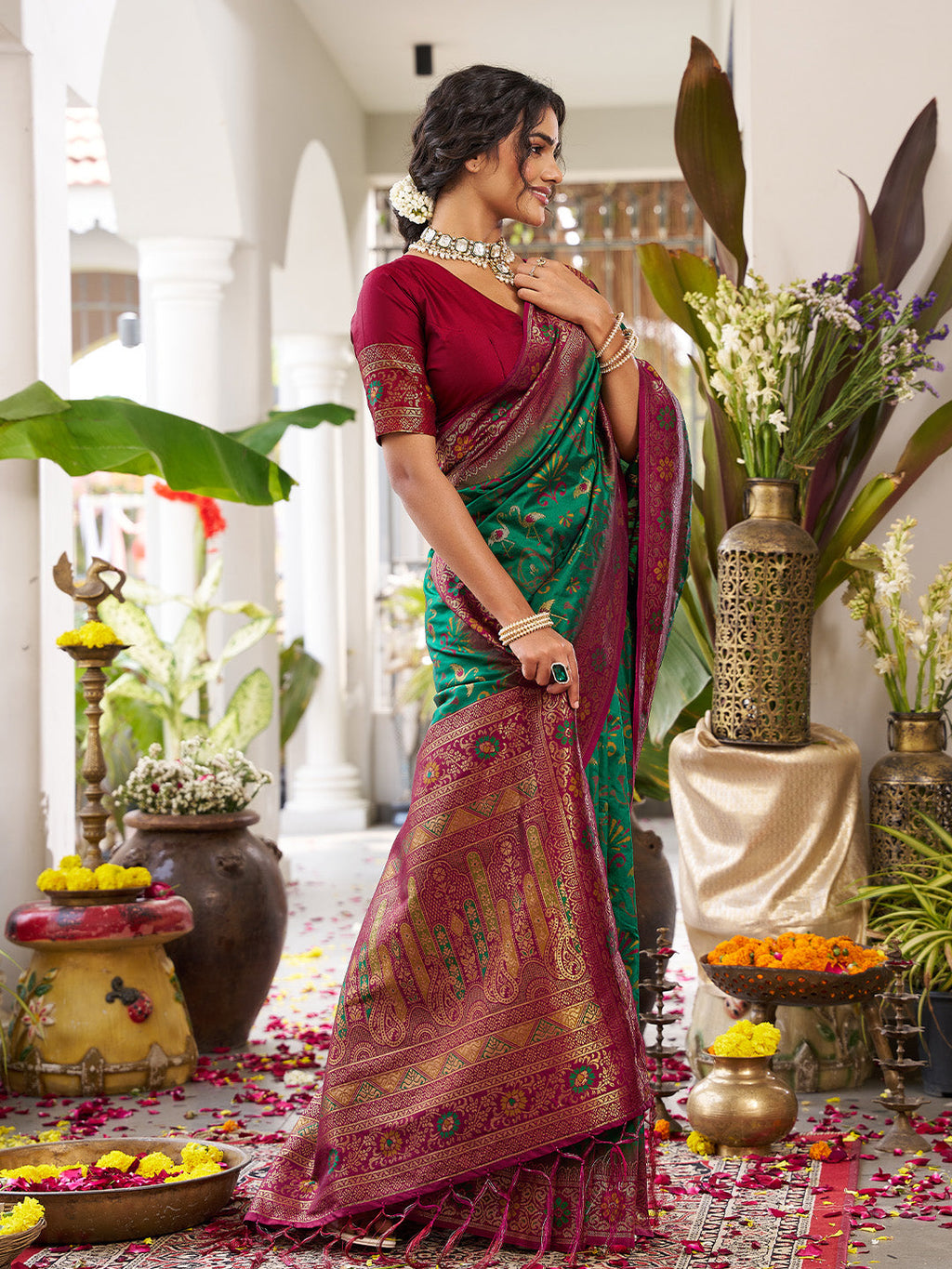 Anaita D Green Silk Woven Saree With Blouse | Grocsy