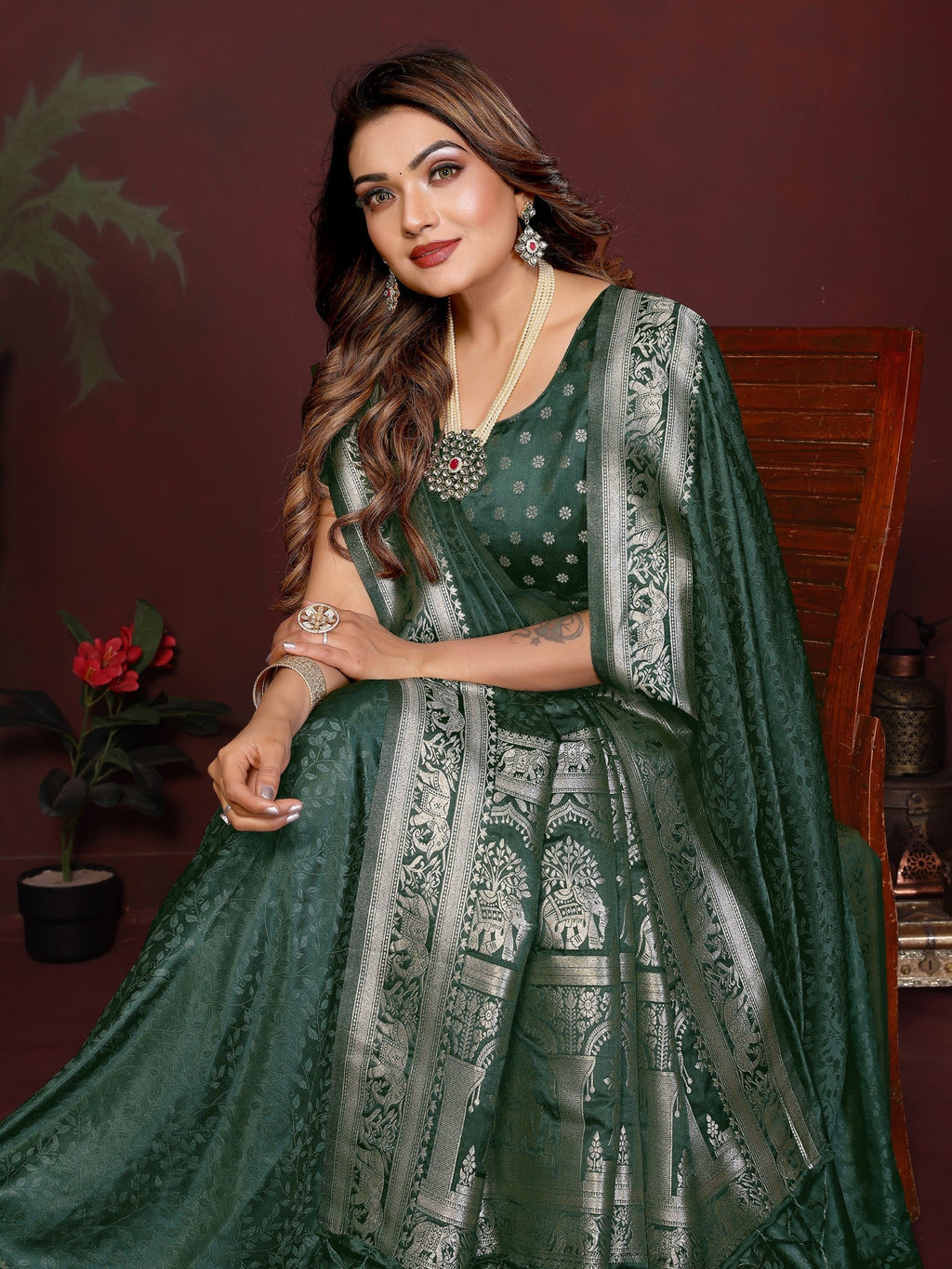 Anaita D Green Zari Weaving Work Satin Silk Saree With Blouse | Grocsy