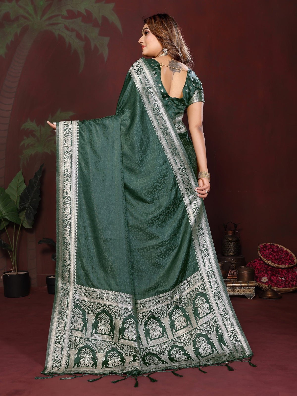 Anaita D Green Zari Weaving Work Satin Silk Saree With Blouse | Grocsy