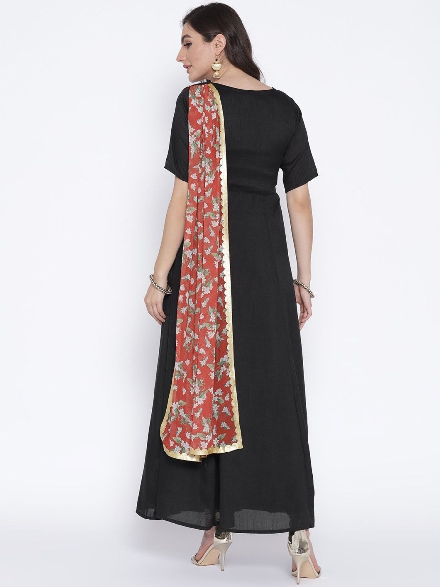 Ahalyaa Women's Black Poly Silk Kurta With Printed Dupatta | Grocsy