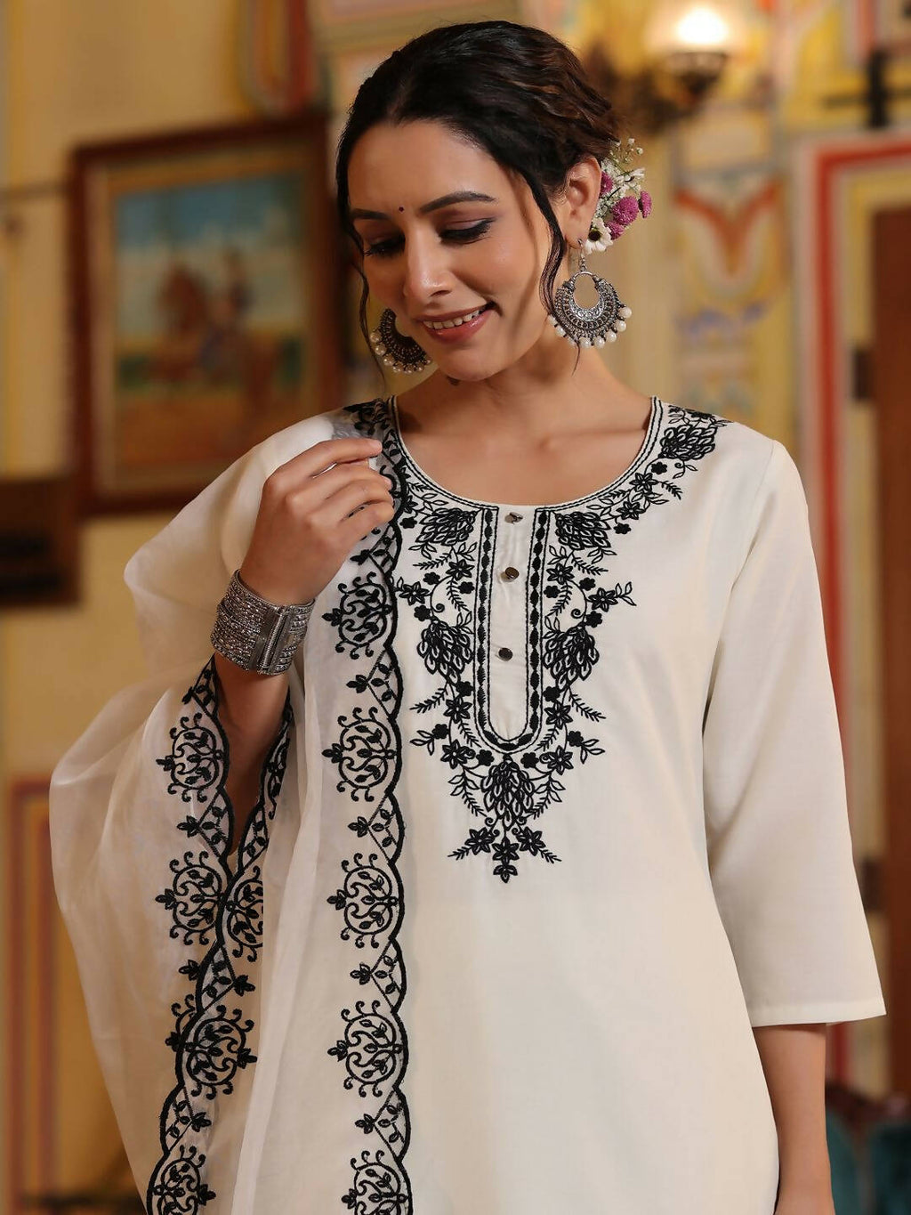 Juniper Women's White Chinnon Solid Embroidered Kurta Set | Grocsy