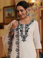 Juniper Women's White Chinnon Solid Embroidered Kurta Set | Grocsy