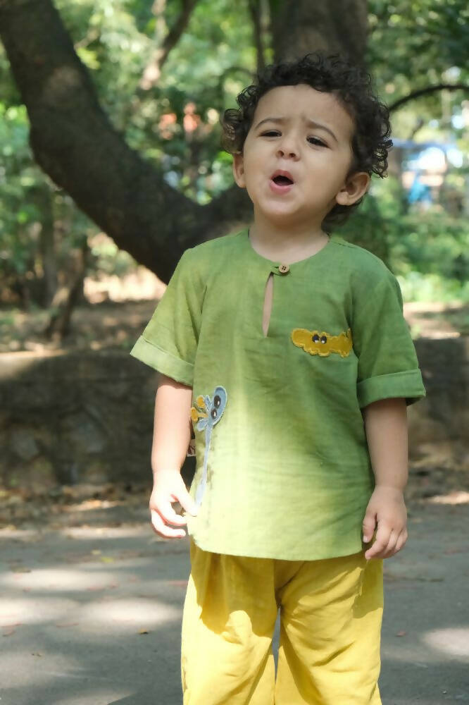 Mhyssa Tick Tock Round Neck Half Sleeve Green T-shirt With Full Length Yellow Pant Set For Kids | Grocsy