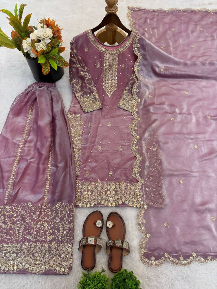 Teeya Creation Onion Color Fendy Silk Embroidery Work Wedding Wear Salwar Suit | Grocsy