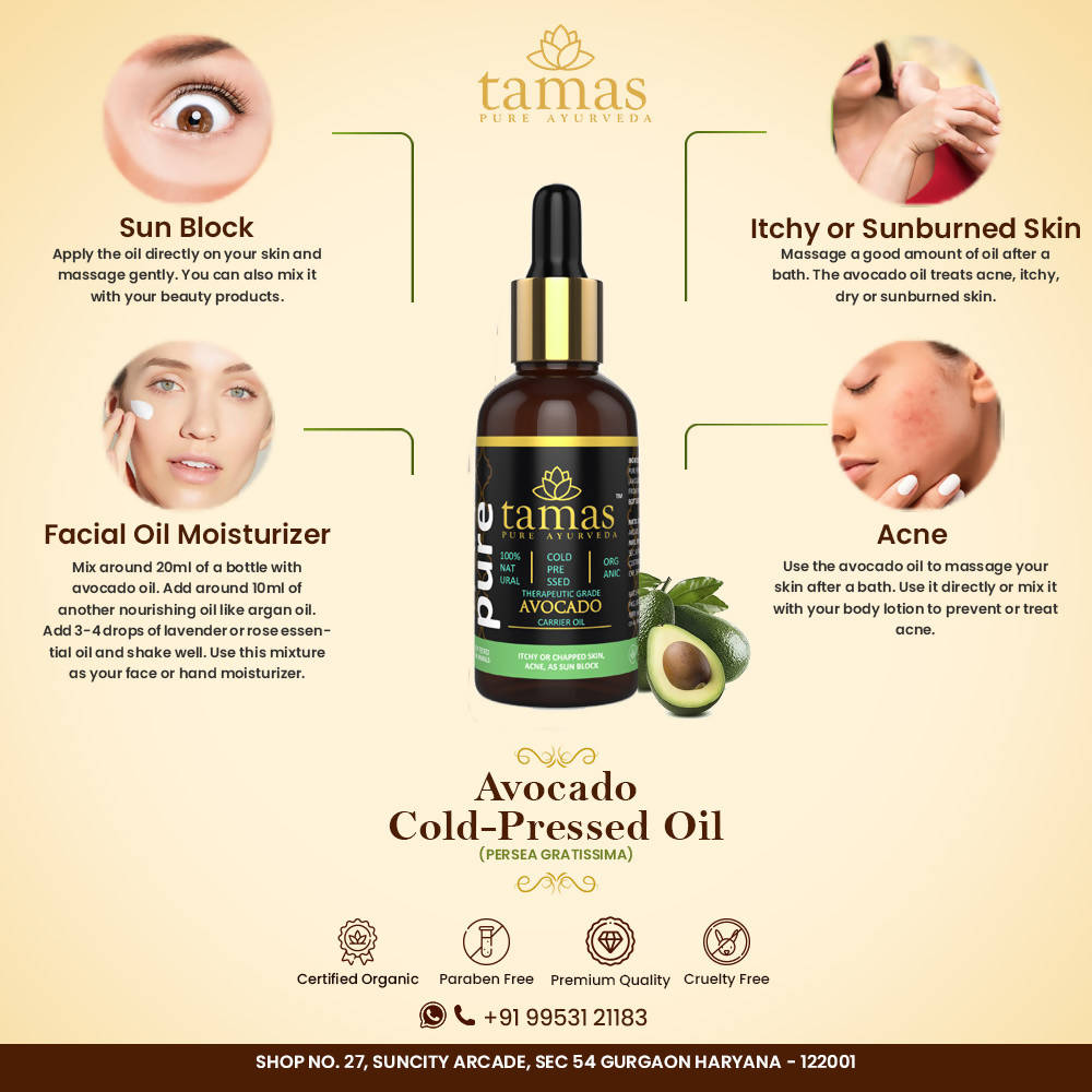 Tamas Pure Ayurveda 100% Organic Avocado Cold Pressed Carrier Oil- USDA Certified Organic- 30ML | Grocsy
