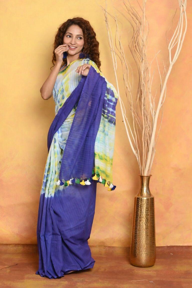 Very Much Indian Tie & Dye Handloom Mul Cotton Saree - Blue Green | Grocsy