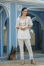 Juniper Women's White Cotton Crepe Floral Embroidered Tunic | Grocsy