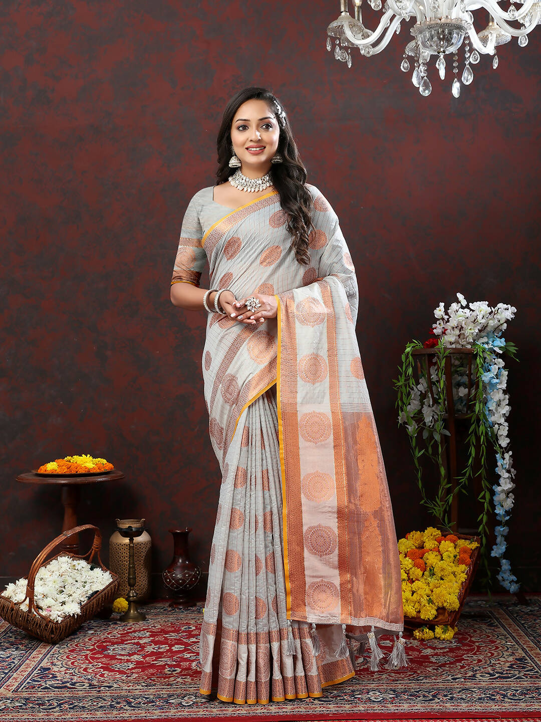 Lorenvalley Fashion Grey Cotton with Woven Design Zari Weaving Saree | Grocsy