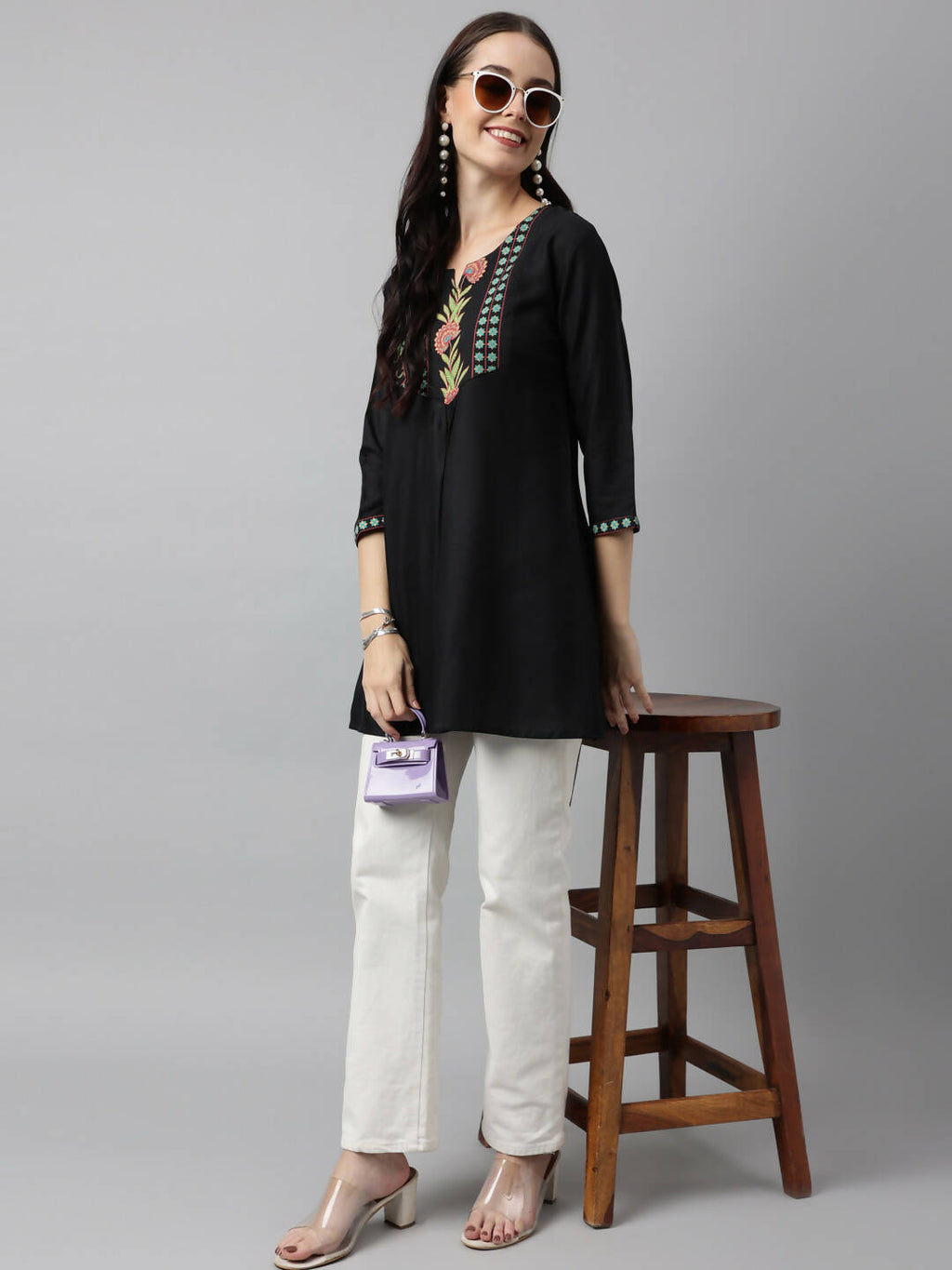 Black Poly Cotton Yoke Printed A-line Top - Bosky | Grocsy