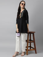 Black Poly Cotton Yoke Printed A-line Top - Bosky | Grocsy