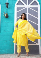 Alvano Printed Beautiful Straight Kurti with Pant and Dupatta set for Women and Girls (Yellow) | Grocsy