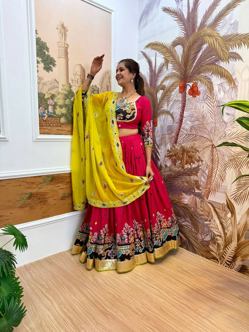 Teeya Creation Rani Colour Rayon Silk Embroidery Work Fully Stitched Navratri Lehenga | Grocsy