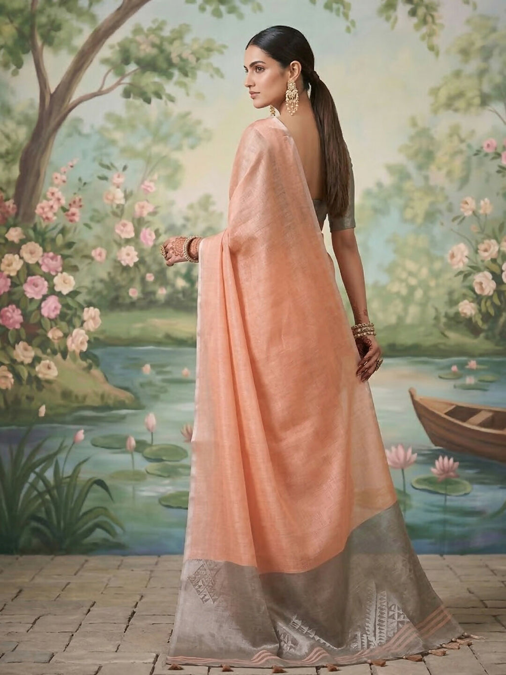 Shree Shyam Fashion Peach Tissue Silk Saree | Grocsy