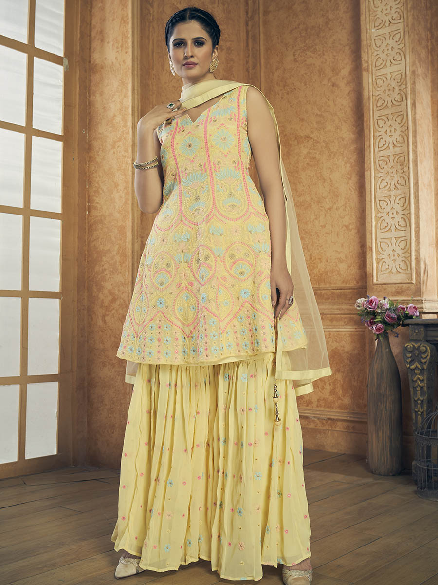 Myra Yellow Georgette Embroidered Designer Suit | Grocsy