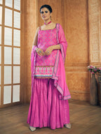 Myra Pink Printed Chinon Silk Designer Suit | Grocsy