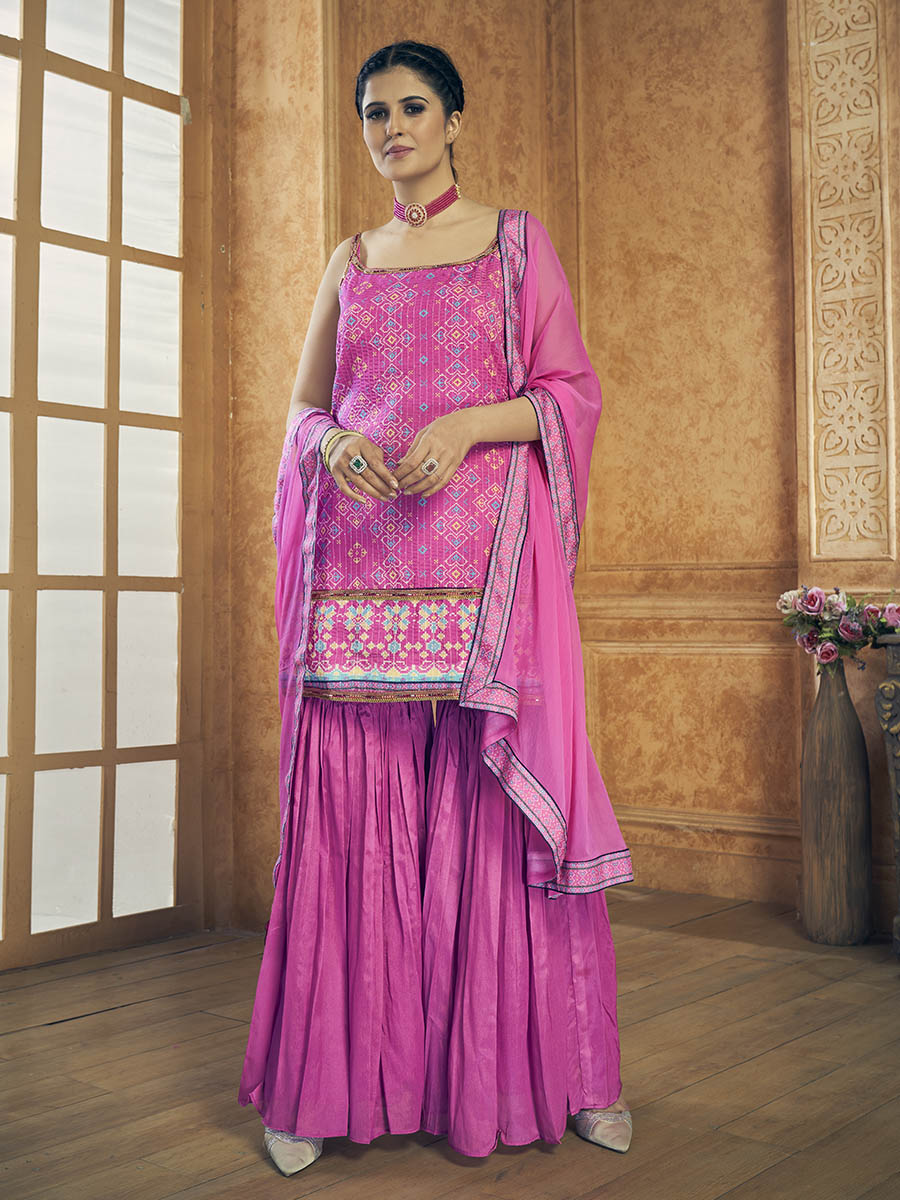 Myra Pink Printed Chinon Silk Designer Suit | Grocsy
