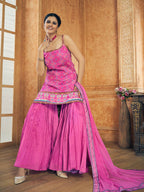 Myra Pink Printed Chinon Silk Designer Suit | Grocsy