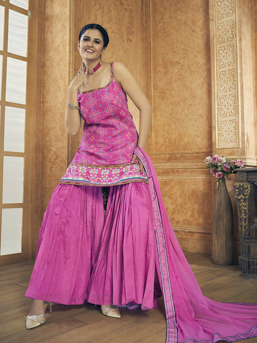 Myra Pink Printed Chinon Silk Designer Suit | Grocsy