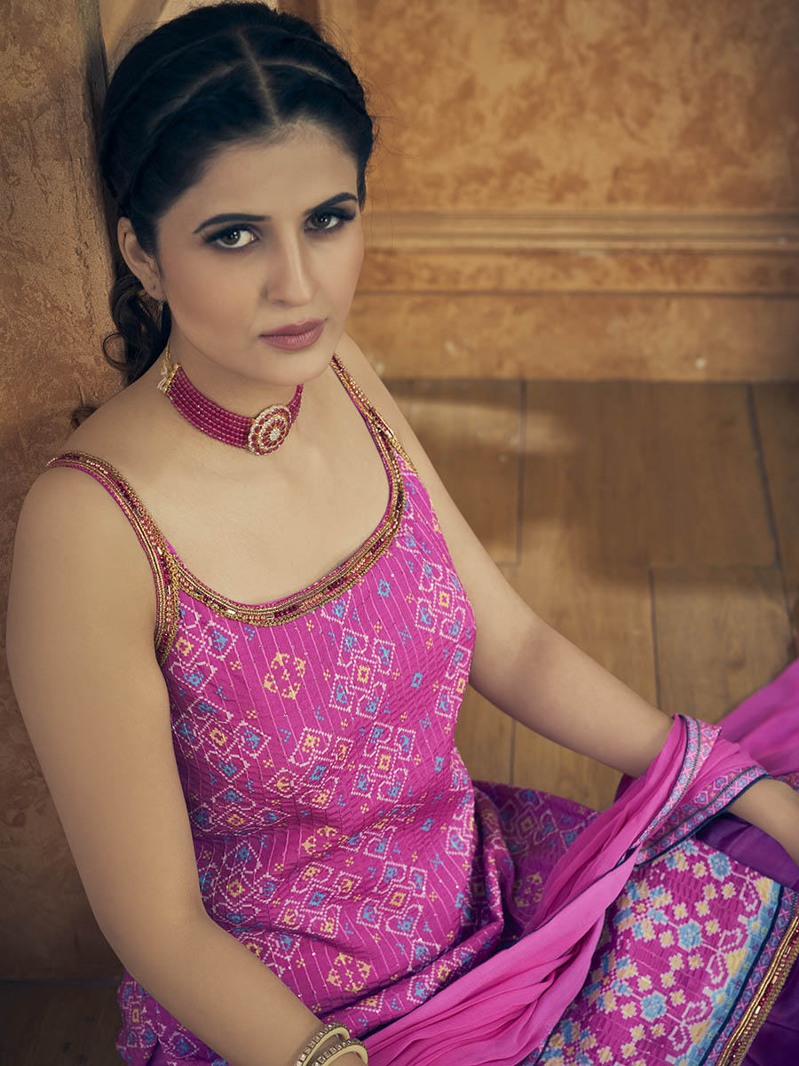 Myra Pink Printed Chinon Silk Designer Suit | Grocsy