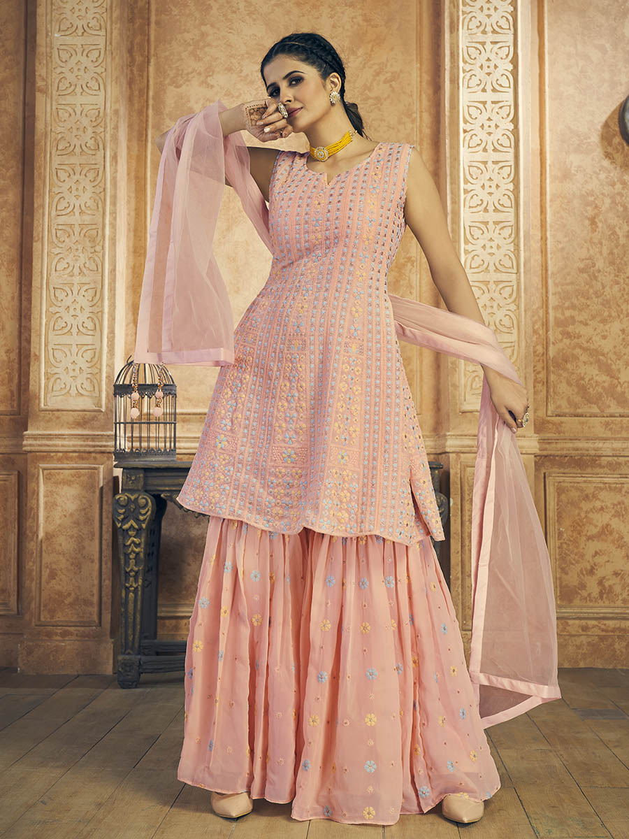 Myra Pink Georgette Embroidered Designer Suit | Grocsy