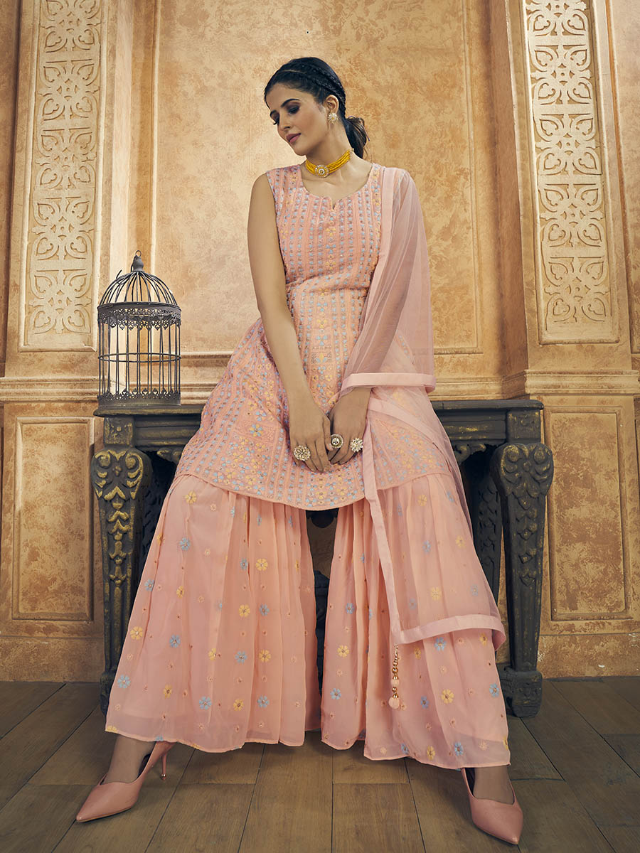 Myra Pink Georgette Embroidered Designer Suit | Grocsy