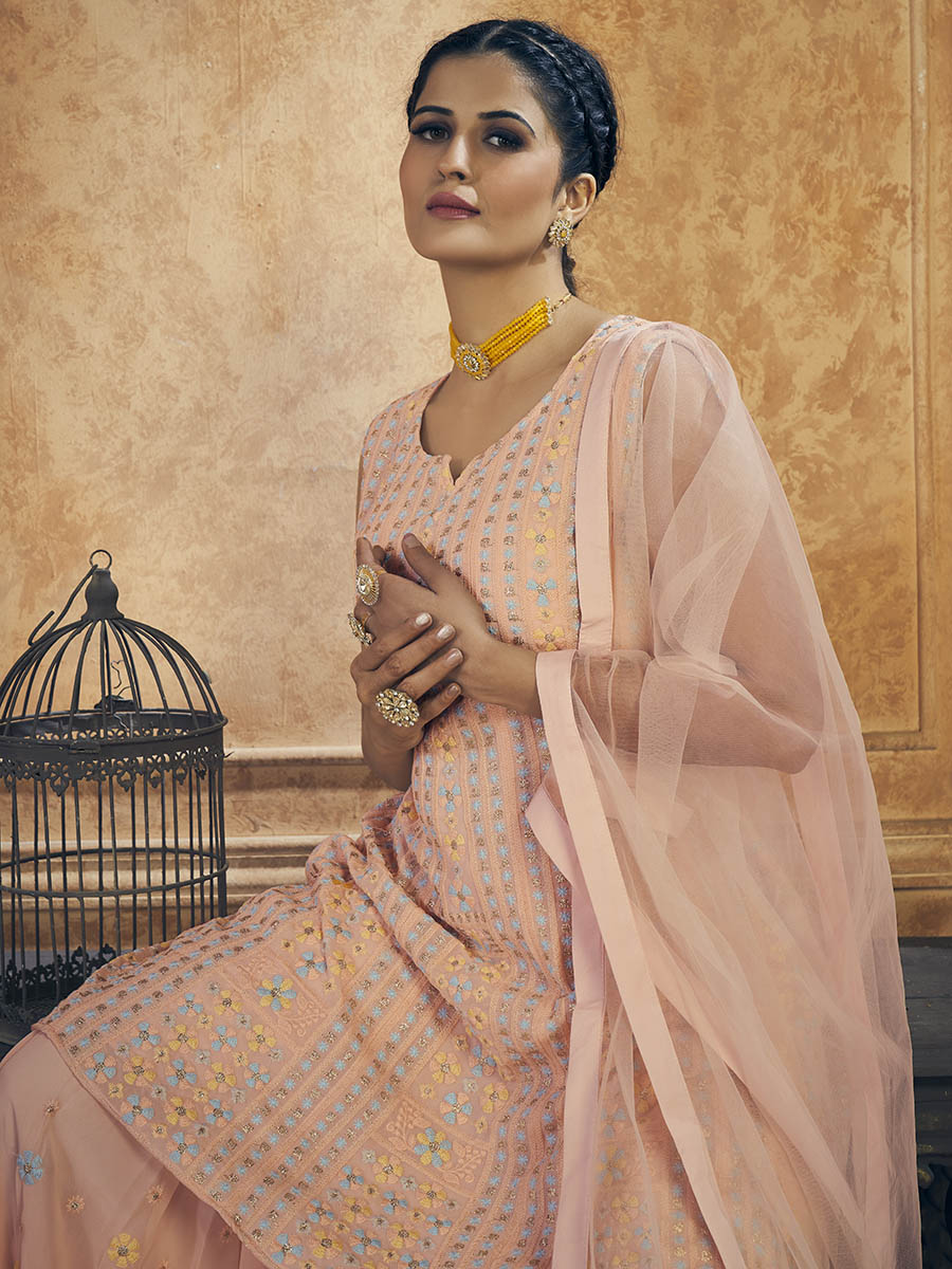 Myra Pink Georgette Embroidered Designer Suit | Grocsy