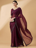 Purple Organza Swaroski Diamond Work Saree with Unstitched Blouse - Radha | Grocsy