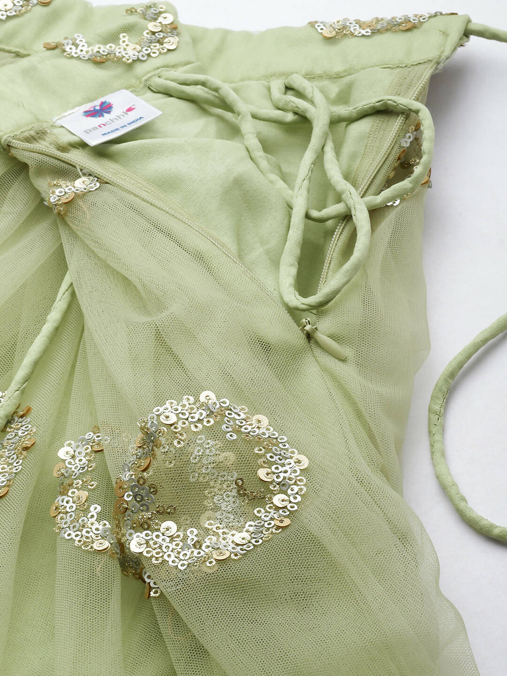 House of Panchhi Lime Green Net Embroideried Round Sequins Lehenga | Grocsy