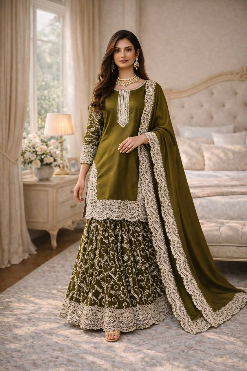 Teeya Creation Mehendi Fendy Satin Heavy Embrodiery Work Wedding Wear Salwar Suit | Grocsy