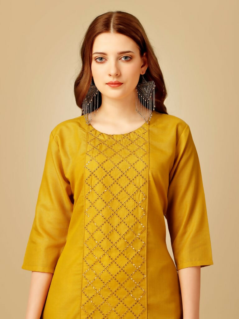 Jyoti Fashion Women's Yellow Cotton Blend Embroidered Kurta Pant Set | Grocsy