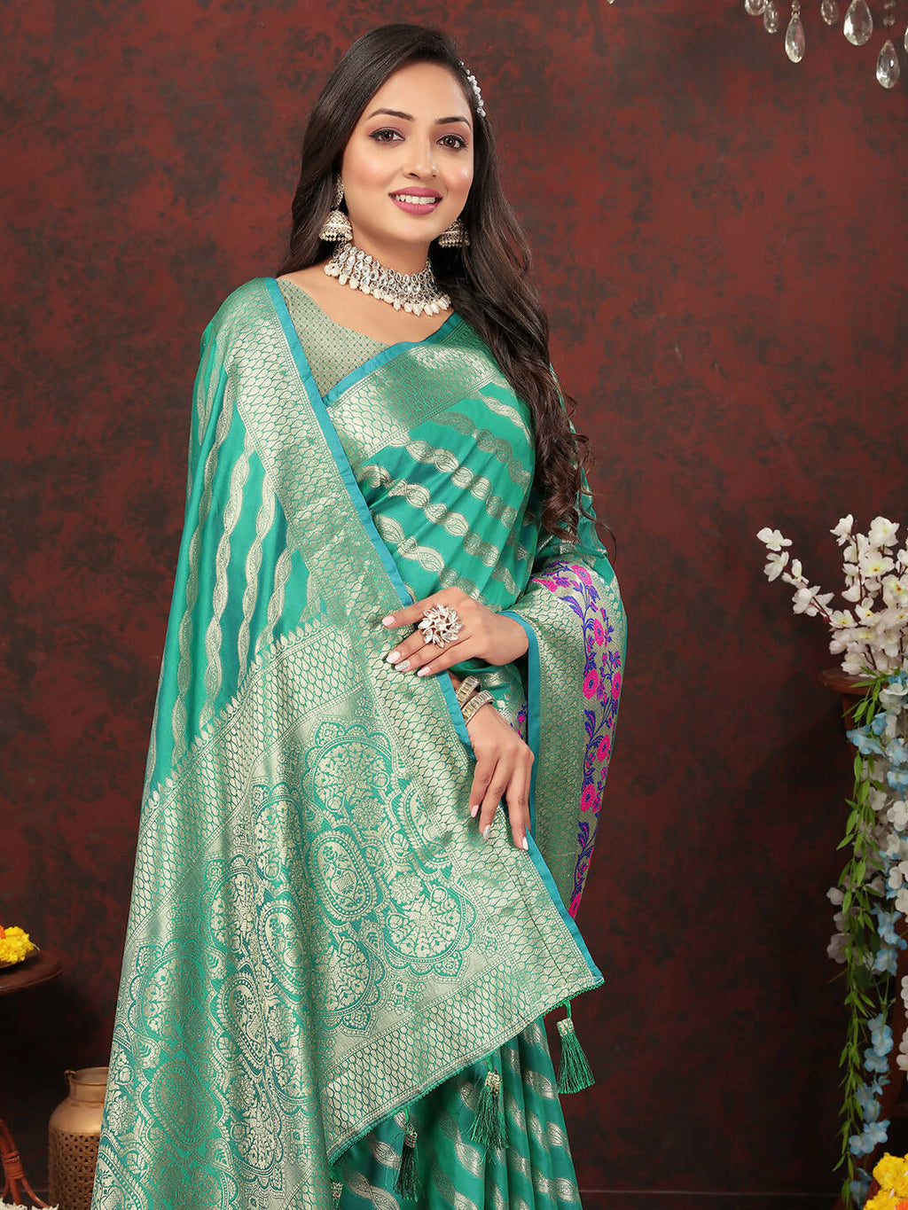 Lorenvalley Fashion Teal Soft Silk Woven Design with Zari Weaving Leheriya Design Saree | Grocsy