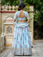 Women’s Semi-Stitched Sky Blue Star Georgette Zari Sequence Embroidery Digital Printed Work Lehenga Choli With Star Georgette Dupatta-Jihu Culture | Grocsy