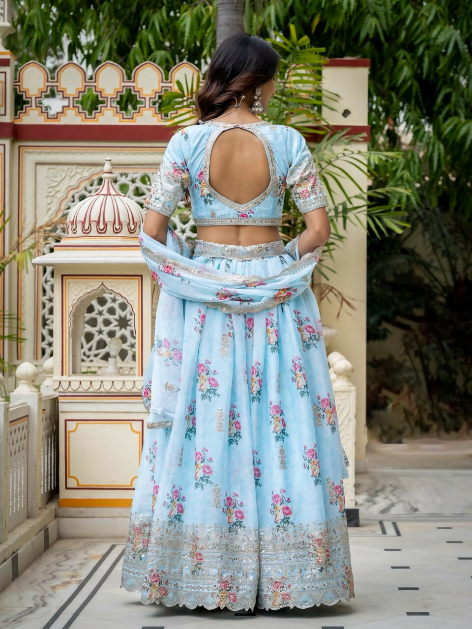 Women’s Semi-Stitched Sky Blue Star Georgette Zari Sequence Embroidery Digital Printed Work Lehenga Choli With Star Georgette Dupatta-Jihu Culture | Grocsy