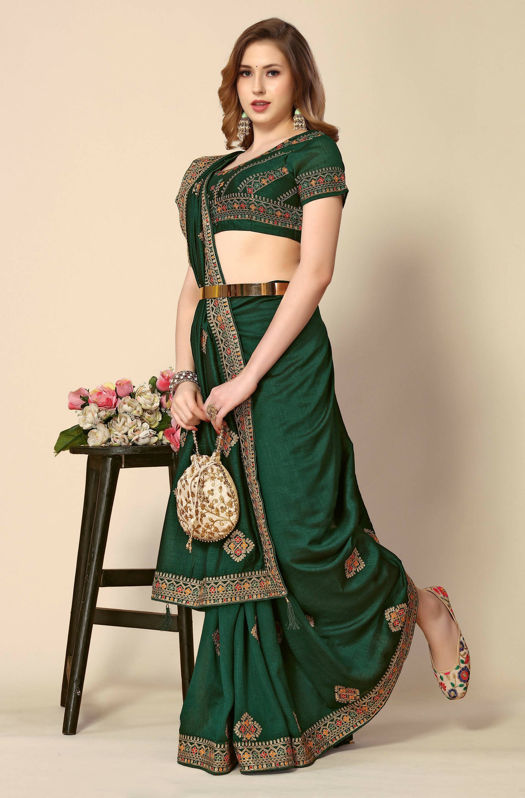 Green Chinon Embroidered Saree with Unstitched Blouse Piece - Roozal | Grocsy