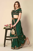 Green Chinon Embroidered Saree with Unstitched Blouse Piece - Roozal | Grocsy