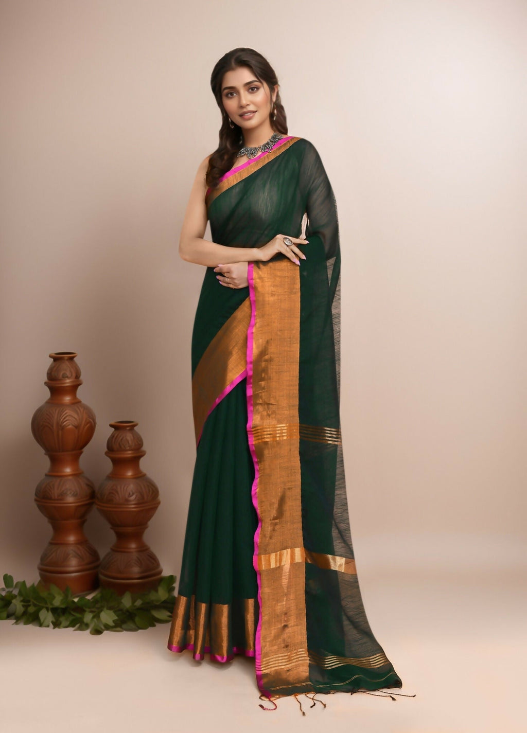 Joban Fashion Bottle Green Cotton Blend Handloom Saree | Grocsy