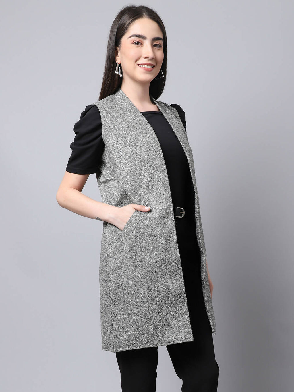 Even Apparels Grey Pure Wool Open Front Woolen Women's Long Coat | Grocsy