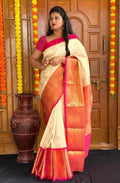 DEIANA'S Beautiful Designer Golden zari Soft Lichi Silk Saree - White | Grocsy