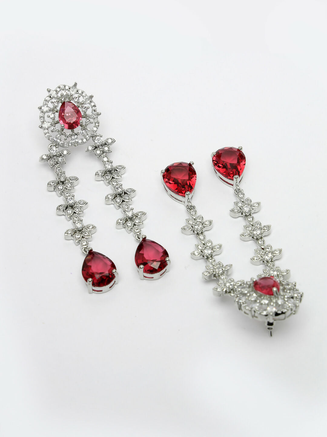 NVR Women's Silver-Plated Red CZ-Studded Handcrafted Jewellery Set | Grocsy