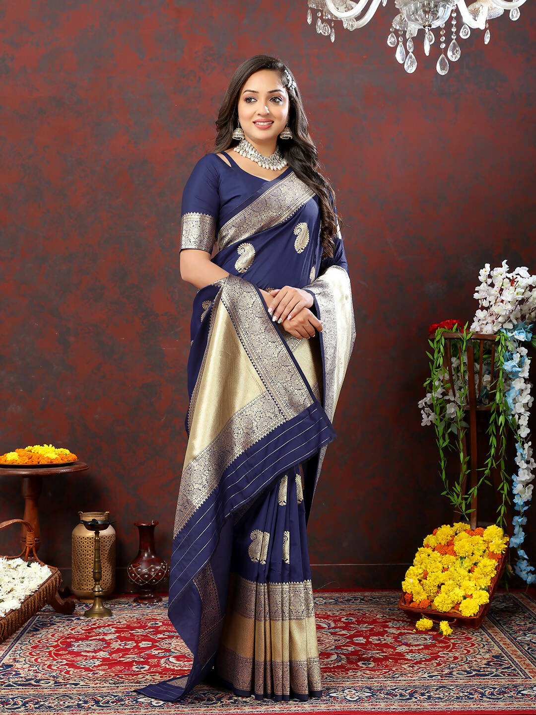 Lorenvalley Fashion Navyblue Soft Silk Woven Design Gold Zari Weaving Saree | Grocsy